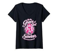 Women's By The Grace God I'm A Survivor Breast Cancer Survivor Cute V-Neck T-Shirt