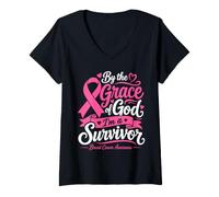 Women's By The Grace God I'm A Survivor Breast Cancer Survivor V-Neck T-Shirt