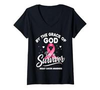 Women's By The Grace of God I'm A Survivor Breast Cancer Survivor V-Neck T-Shirt