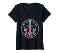 Women's By The Grace of God Im A Survivor Breast Cancer V-Neck T-Shirt