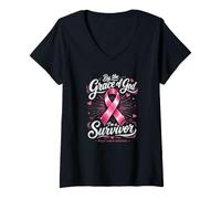 Women's By The Grace of God I'm A Survivor Breast Cancer V-Neck T-Shirt