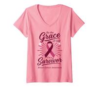 Women's By the Grace of God I'm a Survivor Breast Cancer V-Neck T-Shirt