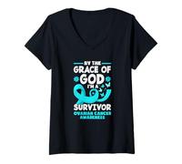 Womens by The Grace of God I'm A Survivor Ovarian Cancer Awareness V-Neck T-Shirt