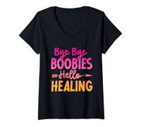 Womens bye bye boobies hello healing Breast Cancer survivor pink V-Neck T-Shirt