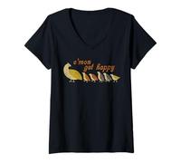 Womens C’mon Get Happy Retro Quail Family Cute Design V-Neck T-Shirt