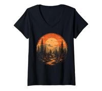 Women's Cabin Sunset Mountain Forest Wilderness Nature Explorer V-Neck T-Shirt