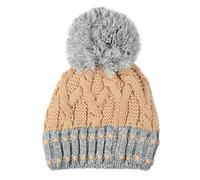 Women's Cable Knit Bobble Hat with Colour Contrast Details and Large Yarn Pom Pom