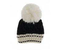 Women's Cable Knit Bobble Hat with Colour Contrast Details and Large Yarn Pom Pom - BLACK/CREAM / ONE