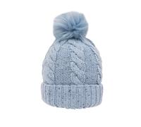 Women's Cable Knit Bobble Hat with Marl Yarn and Faux Fur Pom Pom - CORNFLOWER BLUE / ONE