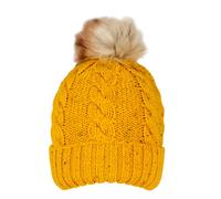 Women's Cable Knit Bobble Hat with Marl Yarn and Faux Fur Pom Pom - OCHRE / ONE