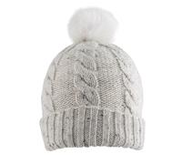 Women's Cable Knit Bobble Hat with Marl Yarn and Faux Fur Pom Pom - WINTER WHITE / ONE