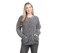 Women's Cable Knit Buttoned Cardigan - Long Sleeve Crew Neck Aran Style Cozy Winter Sweater with Pockets | Classic Knitwear for Women (UK, Numeric, 16, 18, Regular, Regular, Marl Charcoal)