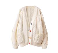 Women's Cable Knit Long Sleeve Open Front Cardigan Sheep V-Neck Button Down Embroidery Wool Blend Sweater Coat Outwear, Z-Apricot, XL