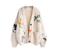 Women's Cable Knit Long Sleeve Open Front Cardigan V-Neck Button Down Embroidery Blend Sweater Coat Outwear(Apricot,M)