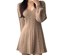 Women's Cable Knit Sweater Dress Casual V-Neck Long Sleeve Flared A-Line Short Mini Dresses for Fall Winter(Khaki,S)