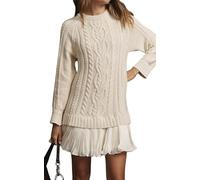 Womens Cable Knit Sweater Dress Crewneck Long Sleeve, Patchwork with Pleated Ruffled Mini Skirt, Casual Fall/Winter (Beige,S)