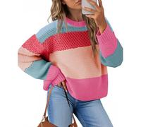 Women's Cable Knit Sweaters Novelty Color Block Pullover Trendy Jacquard Textured 3D Printed Sweatshirt Plus Size Loose Fit Long Sleeve Crewneck Sweater Retro Chuncky Cable Knitted Jumpers Hot Pink