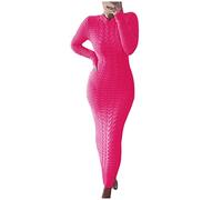 Womens Cable Knitted Jumper Dress Ladies Elegant Party Long Knit Dress Solid Colour Long Sleeve Maxi Dresses Autumn Winter O-Neck Long Knitted Sweater Dress Casual Work Office Dress UK Size Hot Pink