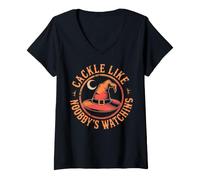 Women's Cackle Like Nobodys Watching Witch Retro Halloween Crescent V-Neck T-Shirt