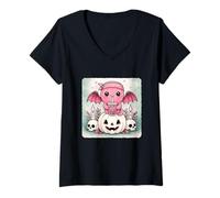 Womens Cactus Bat Kawaii Pastel Goth Creepy Cute Skeleton V-Neck T-Shirt