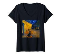 Womens Cafe Terrace At Night With Cat Famous Artist Painting Humor V-Neck T-Shirt