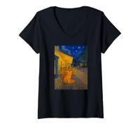 Womens Cafe Terrace At Night With Orange Tabby Cat Famous Painting V-Neck T-Shirt