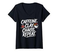 Women's Caffeine Clay Chaos Repeat Creative Design V-Neck T-Shirt
