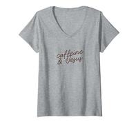 Women's Caffeine & Jesus Funny Minimalist Faith Phrase Script V-Neck T-Shirt