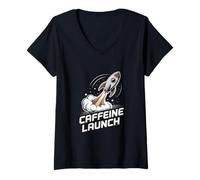 Womens Caffeine Launch Coffee Rocket Morning Energy V-Neck T-Shirt