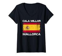 Women's Cala Millor Mallorca Spain Flag Design Proud Spanish Flag V-Neck T-Shirt