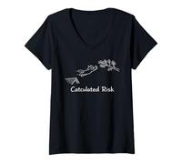 Women's Calculated Risk Motivational Wordplay Jumping Pet Cat Meme V-Neck T-Shirt