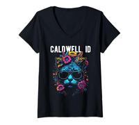 Womens Caldwell Idaho Cat Wearing Sunglasses and Flowers Design V-Neck T-Shirt