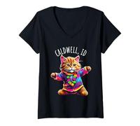 Womens Caldwell Idaho USA Fun Cute Colorful Dancing Cat Design V-Neck T-Shirt