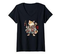 Women's Calico Cat Samurai Archer Japanese Warrior Vintage Art V-Neck T-Shirt