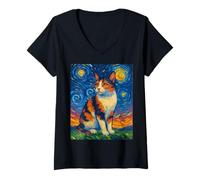 Womens Calico Cat Starry Night Van Gogh Inspired Tri-Color Cat V-Neck T-Shirt