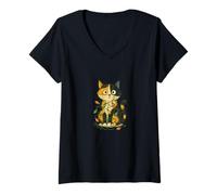 Womens Calico Cat Tangled Christmas Lights Cute Festive Holiday V-Neck T-Shirt