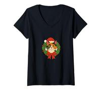 Womens Calico Christmas Cat Cute Holiday Kitty Festive Winter V-Neck T-Shirt