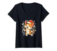 Womens Calico Santa Cat Singing V-Neck T-Shirt