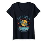 Womens California Beach Vibes Warm Waves & Lazy Days Vintage Sunset V-Neck T-Shirt
