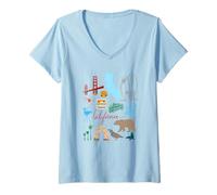 Womens California Icons Golden State Travel Souvenir Design V-Neck T-Shirt