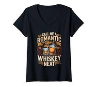 Women's Call Me a Romantic I Take My Whiskey Neat Bourbon Scotch V-Neck T-Shirt