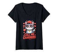 Women's Call Me Charming Cool Cute Cat with Hearts V-Neck T-Shirt