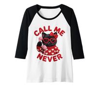 Womens Call Me Never Black Cat Valentine Heart Glasses Cute Graphic Raglan Baseball Tee