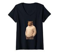 Women's Calm Bear Gentleman Winter Character V-Neck T-Shirt