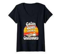 Women's Calm Down and Do A Crossword Retro Puzzle V-Neck T-Shirt
