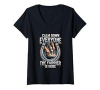 Women's Calm Down Everyone The Farrier is Here Horseshoer V-Neck T-Shirt