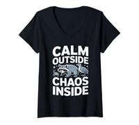 Women's Calm Outside Chaos Inside Raccoon Duck Humor V-Neck T-Shirt