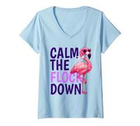 Women's Calm the Flock Down Pink Flamingo Family Vacation Group V-Neck T-Shirt