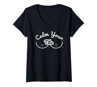Womens Calm Your Tits - Funny Meme Sayings V-Neck T-Shirt
