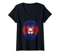 Women's Cambodia Flag Colors Lion Head V-Neck T-Shirt